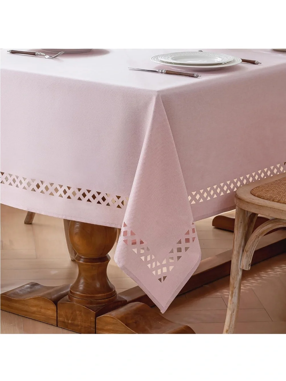 NEW JIALE Pink Linen Polyester Tablecloth with Decorative Cutouts, Wrinkle Free